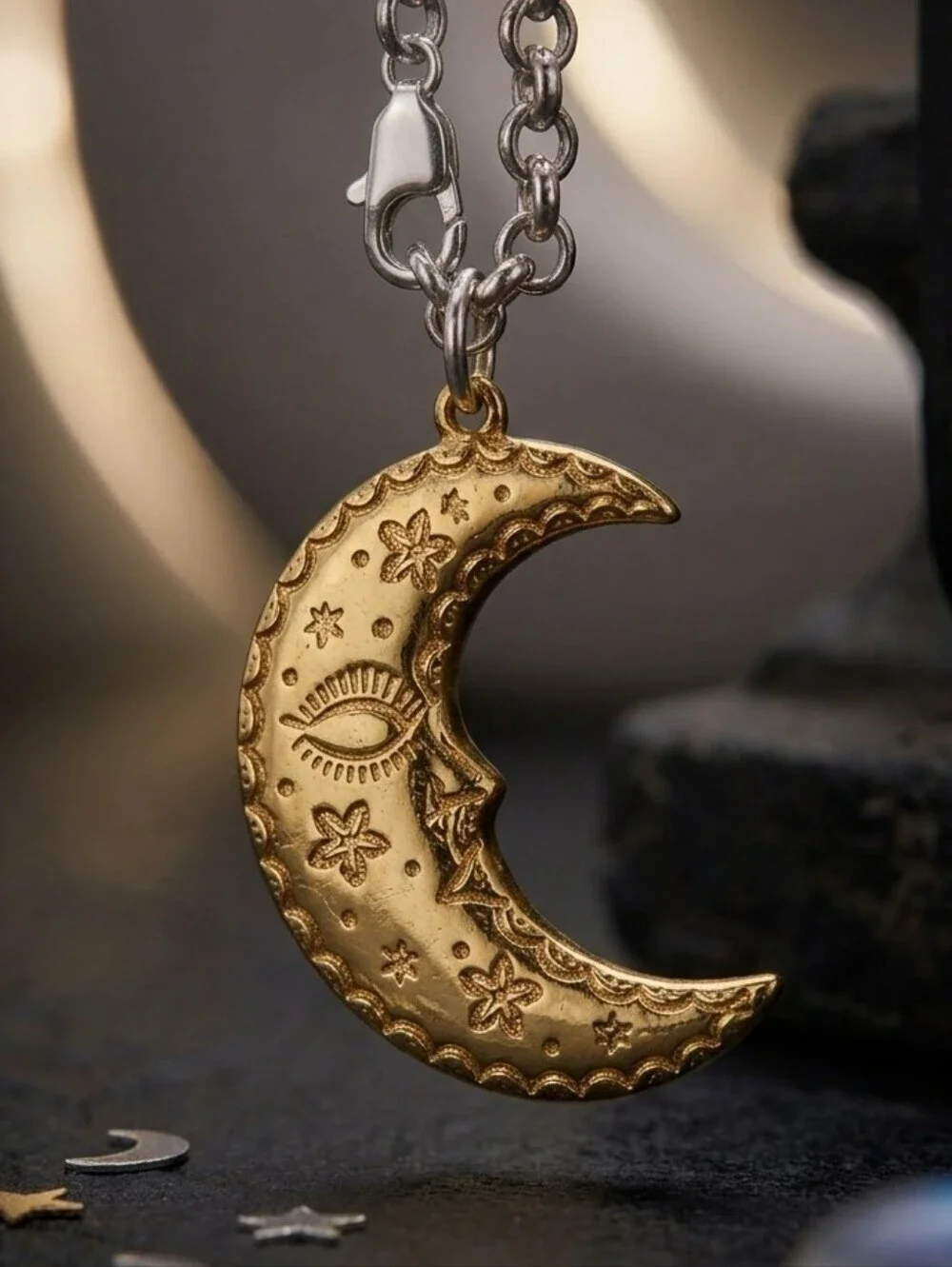 Crescent Moon Pendant Necklace 18K Gold Silver SS Two-Tone Celestial Witchy 18